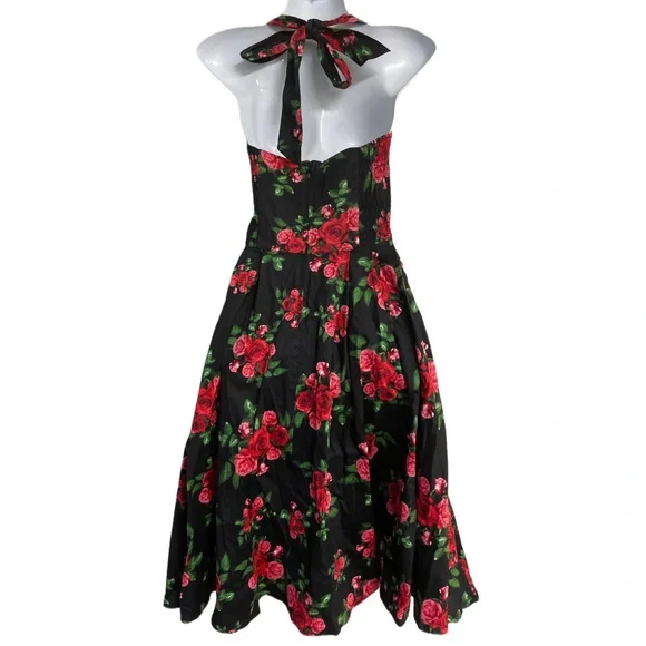 Hell Bunny Vixen XS Red Rose Floral on Black Swing, Vintage Dress Halter - Picture 6 of 9